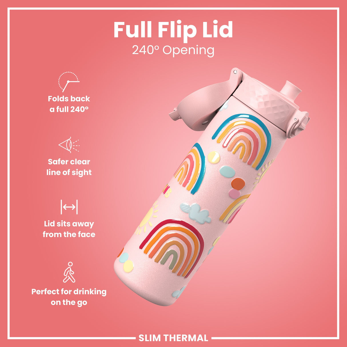 ION8 Leak Proof Slim Thermal Steel Water Bottle, Insulated, Rainbows, 500ml (17oz)