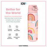 ION8 Leak Proof Slim Thermal Steel Water Bottle, Insulated, Rainbows, 500ml (17oz)
