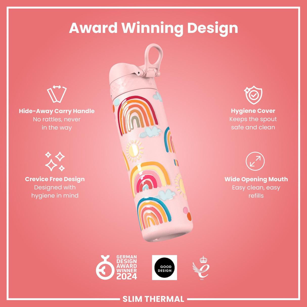 ION8 Leak Proof Slim Thermal Steel Water Bottle, Insulated, Rainbows, 500ml (17oz)