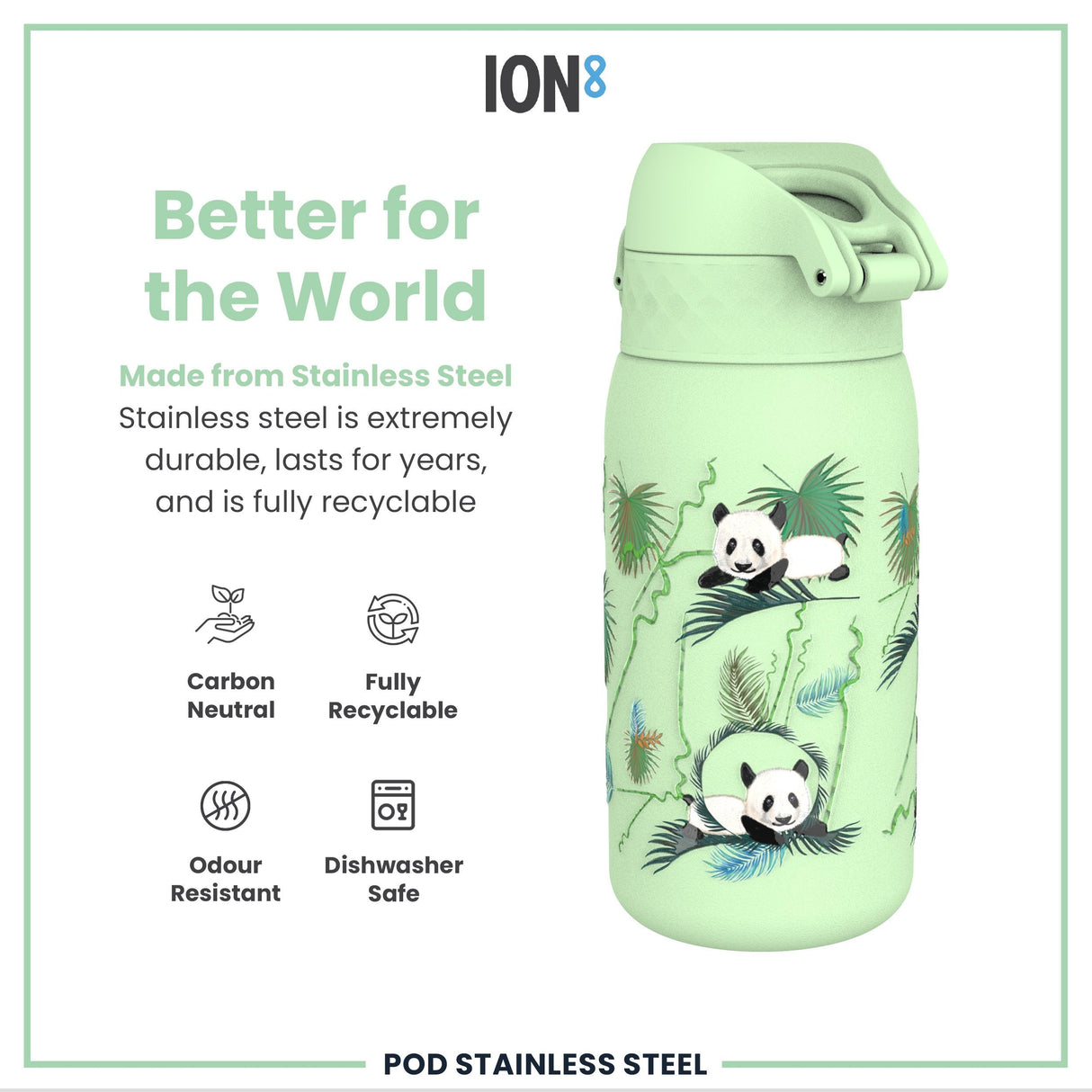 ION8 Leak Proof Kids Water Bottle, Stainless Steel, Pandas, 400ml (13oz)