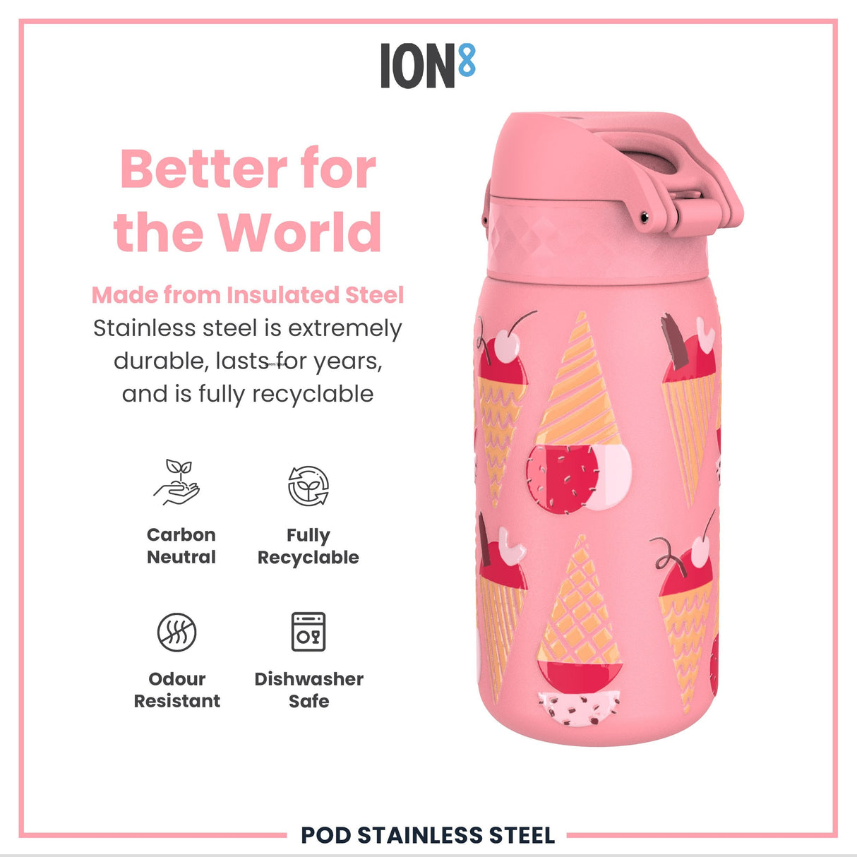 ION8 Leak Proof Thermal Steel Water Bottle, Insulated, Ice Creams, 320ml (11oz)