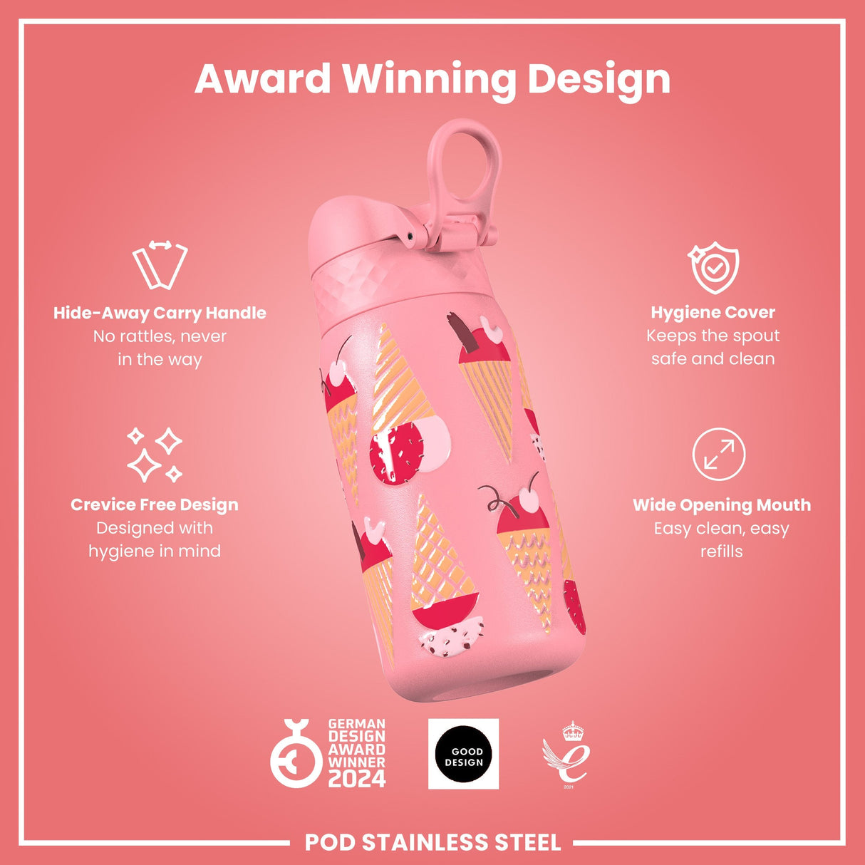 ION8 Leak Proof Thermal Steel Water Bottle, Insulated, Ice Creams, 320ml (11oz)