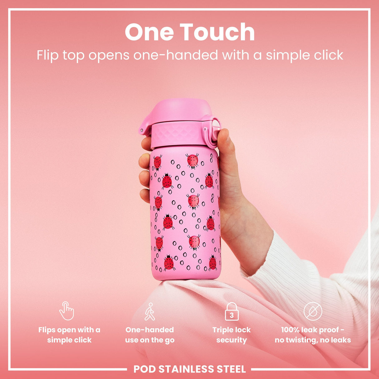 ION8 Leak Proof Kids Water Bottle, Stainless Steel, Ladybugs, 400ml (13oz)