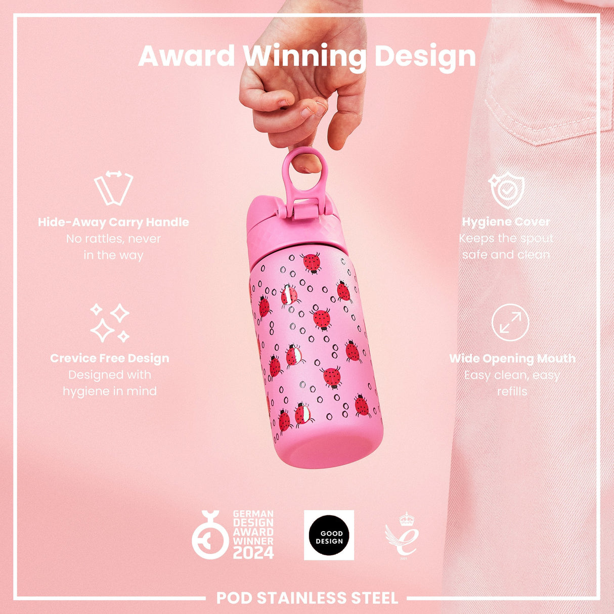 ION8 Leak Proof Kids Water Bottle, Stainless Steel, Ladybugs, 400ml (13oz)