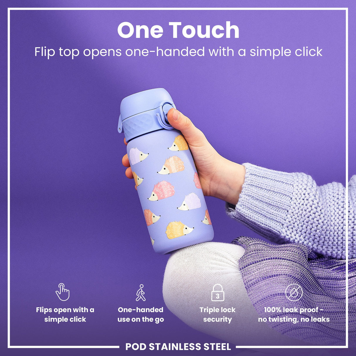 ION8 Leak Proof Kids Water Bottle, Stainless Steel, Hedgehogs, 400ml (13oz)