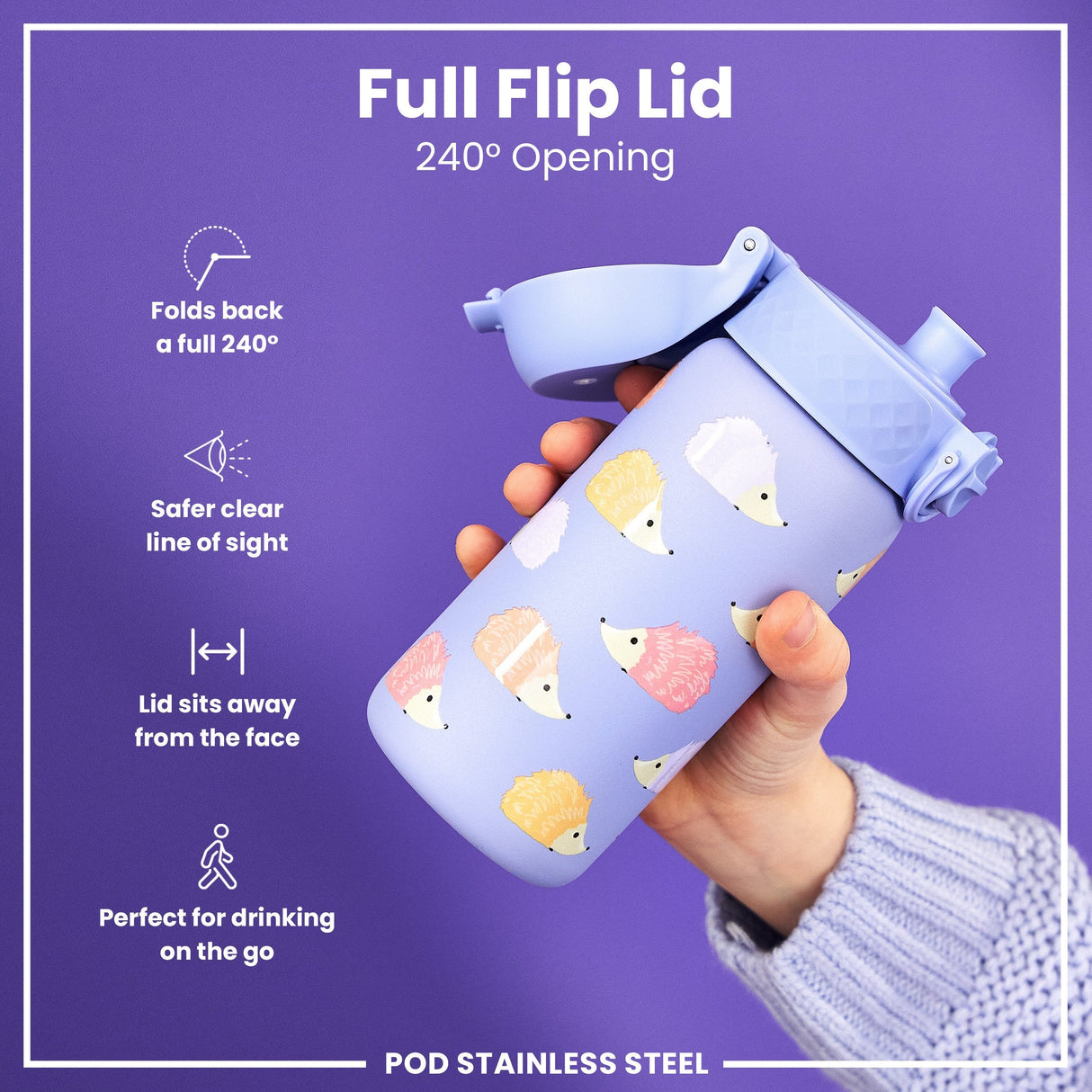ION8 Leak Proof Kids Water Bottle, Stainless Steel, Hedgehogs, 400ml (13oz)