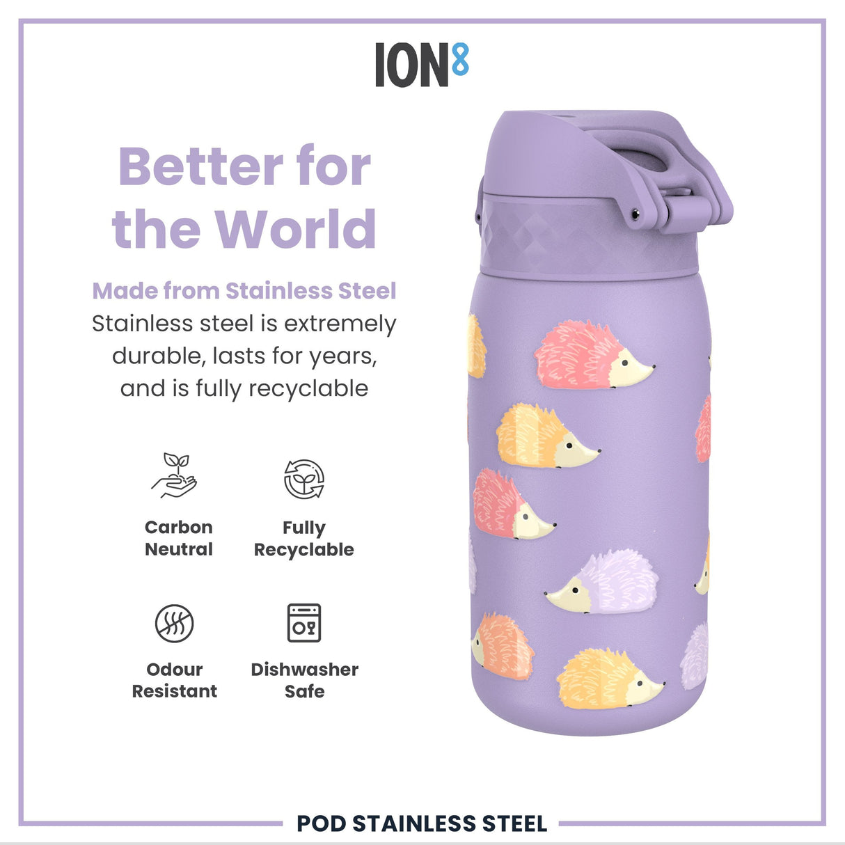 ION8 Leak Proof Kids Water Bottle, Stainless Steel, Hedgehogs, 400ml (13oz)
