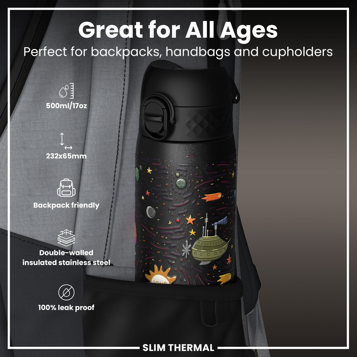 ION8 Leak Proof Slim Thermal Water Bottle, Insulated Steel, Spaceships, 500ml (17oz)