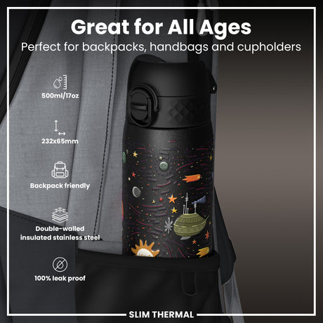 ION8 Leak Proof Slim Thermal Water Bottle, Insulated Steel, Spaceships, 500ml (17oz)