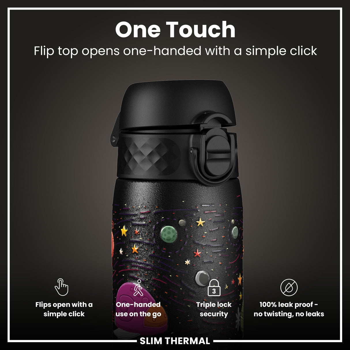 ION8 Leak Proof Slim Thermal Water Bottle, Insulated Steel, Spaceships, 500ml (17oz)