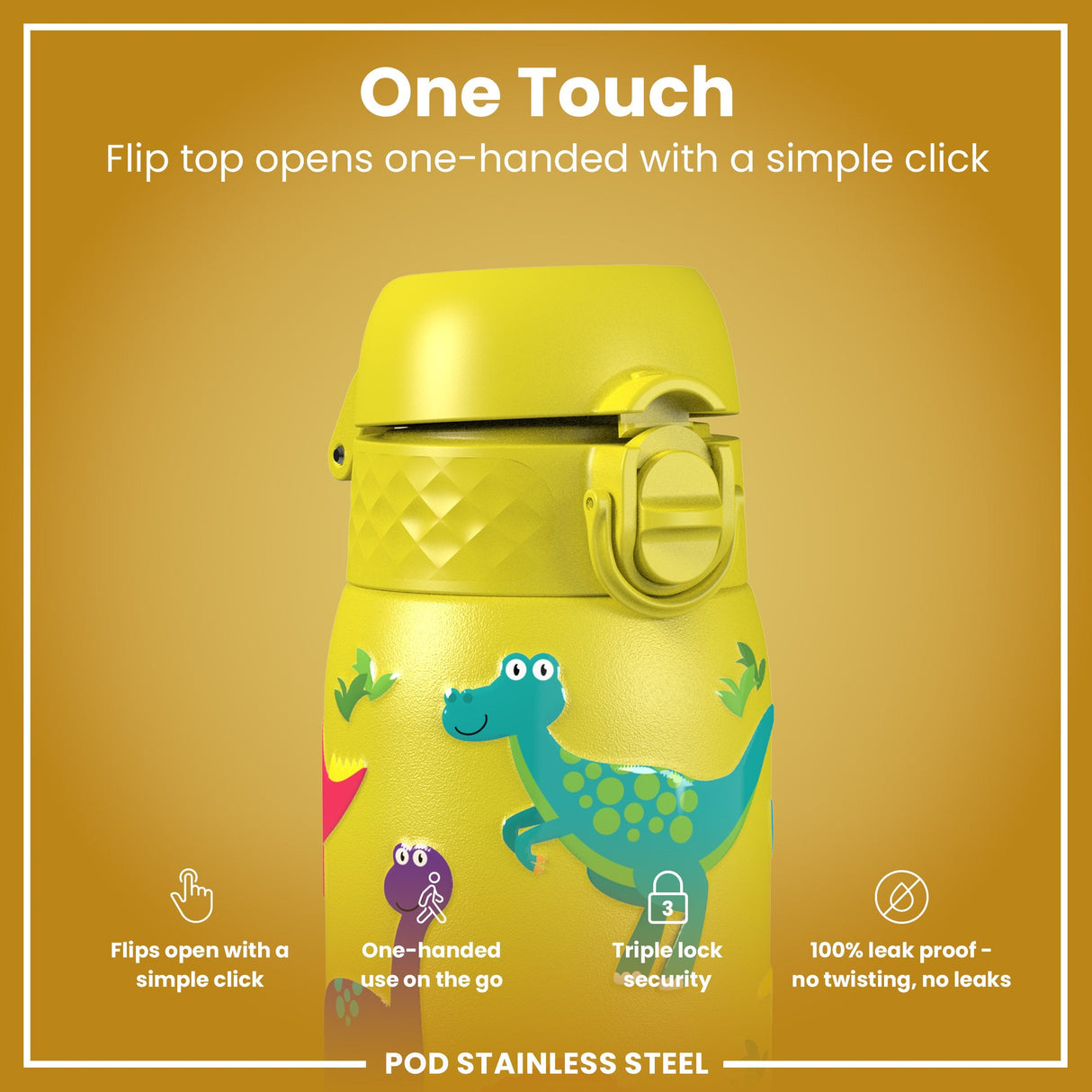 ION8 Leak Proof Kids Water Bottle, Stainless Steel, Dinosaurs, 400ml (13oz)