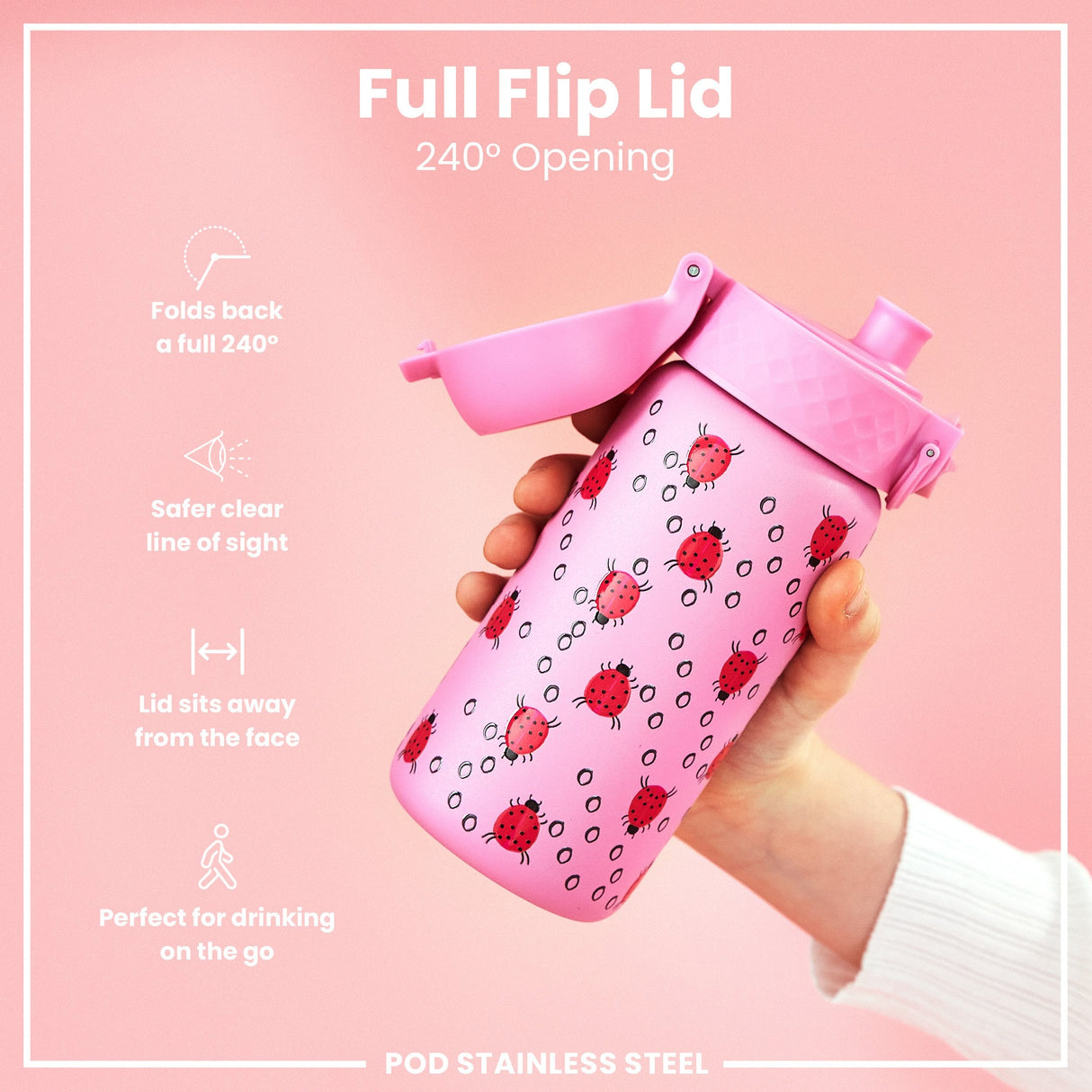 ION8 Leak Proof Thermal Steel Water Bottle, Insulated, Ladybugs, 320ml (11oz)