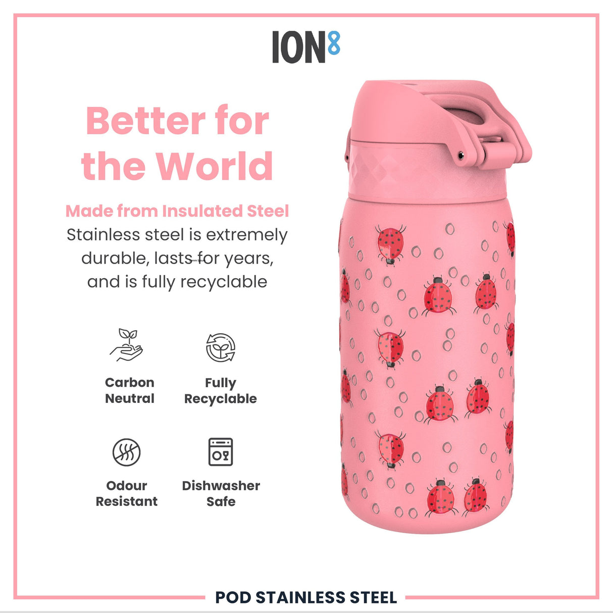 ION8 Leak Proof Thermal Steel Water Bottle, Insulated, Ladybugs, 320ml (11oz)