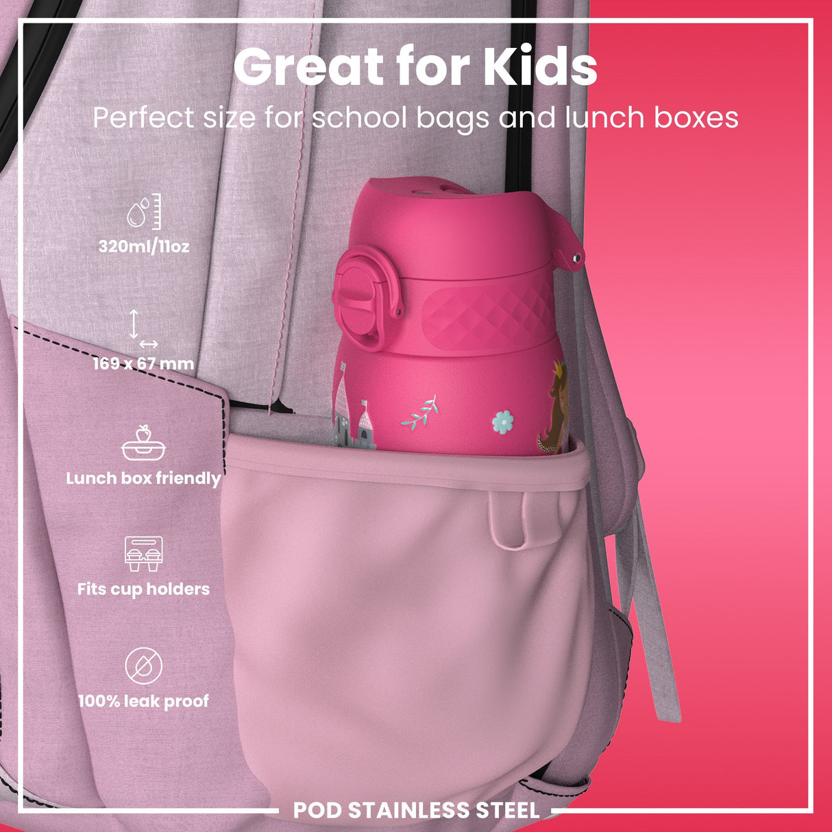 ION8 Leak Proof Thermal Steel Water Bottle, Insulated, Princess, 320ml (11oz)