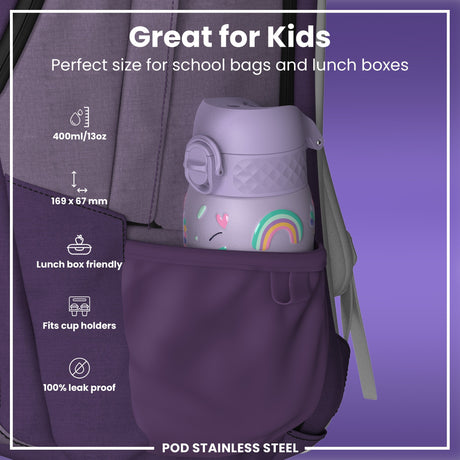ION8 Leak Proof Kids Water Bottle, Stainless Steel, Purple Unicorns, 400ml (13oz)
