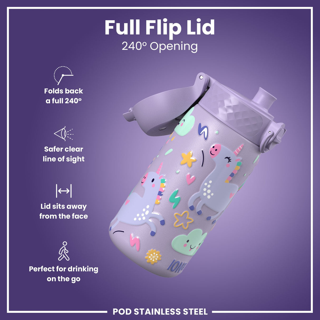 ION8 Leak Proof Kids Water Bottle, Stainless Steel, Purple Unicorns, 400ml (13oz)
