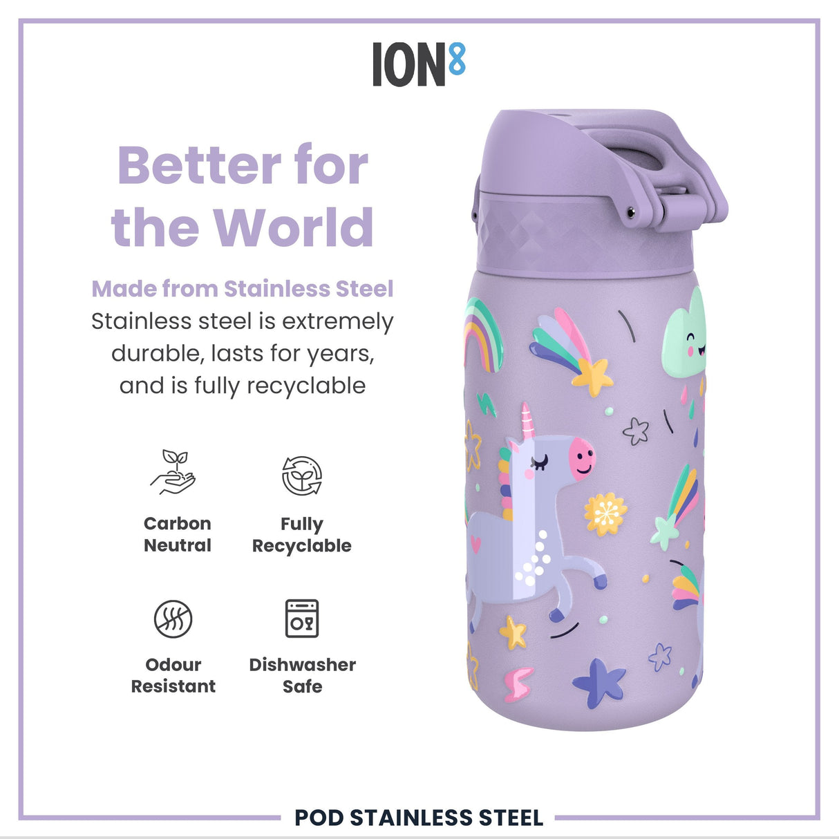 ION8 Leak Proof Kids Water Bottle, Stainless Steel, Purple Unicorns, 400ml (13oz)
