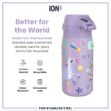 ION8 Leak Proof Kids Water Bottle, Stainless Steel, Purple Unicorns, 400ml (13oz)