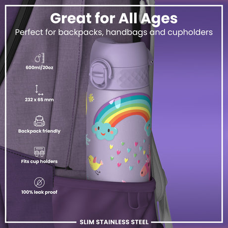 ION8 Leak Proof Slim Water Bottle, Stainless Steel, Purple Unicorns, 600ml (20oz)