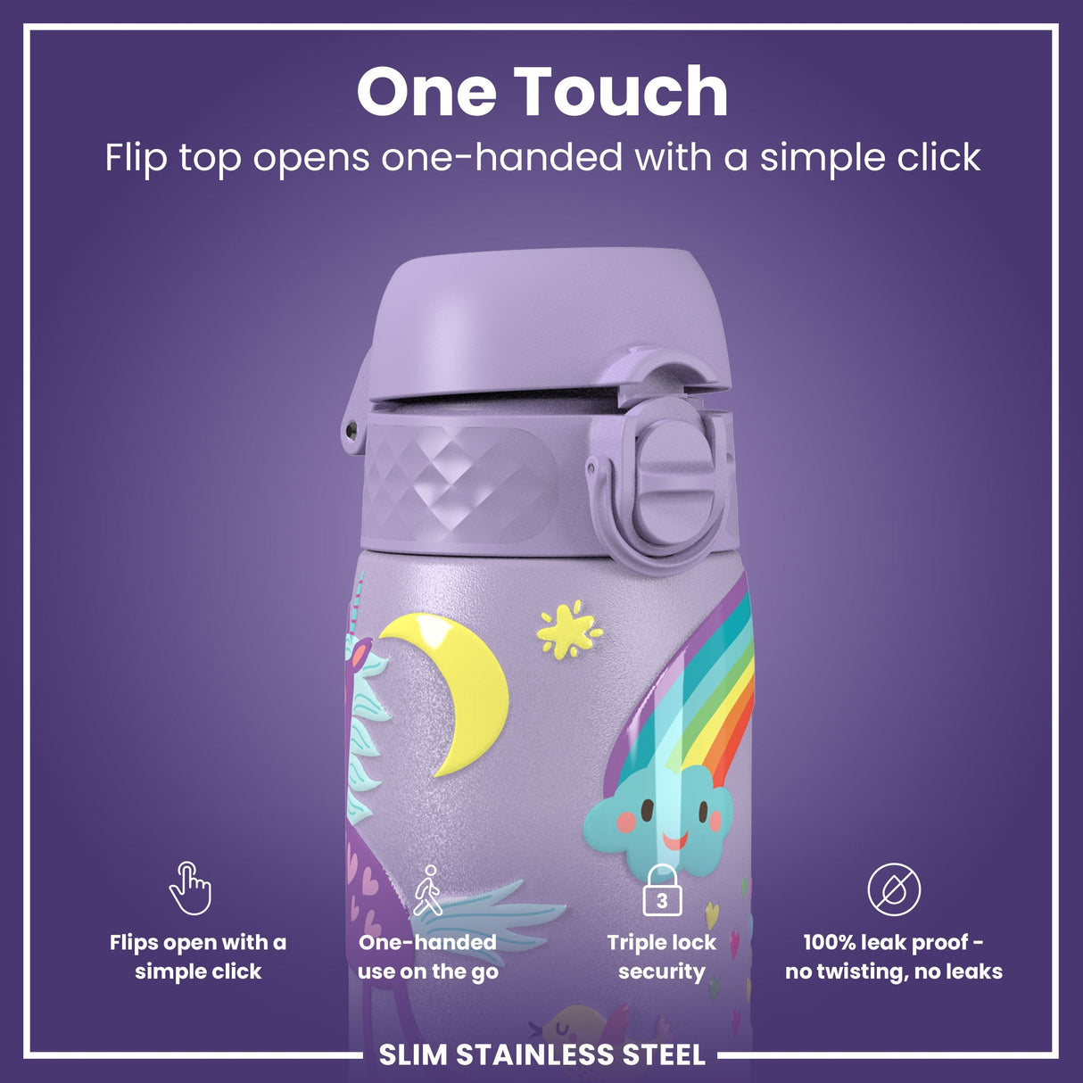 ION8 Leak Proof Slim Water Bottle, Stainless Steel, Purple Unicorns, 600ml (20oz)