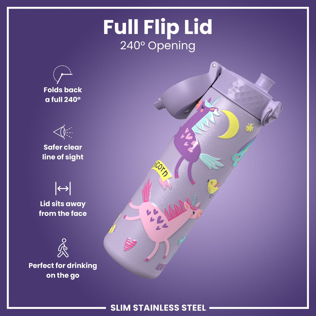 ION8 Leak Proof Slim Water Bottle, Stainless Steel, Purple Unicorns, 600ml (20oz)