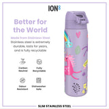 ION8 Leak Proof Slim Water Bottle, Stainless Steel, Purple Unicorns, 600ml (20oz)
