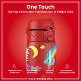 ION8 Leak Proof Slim Water Bottle, Stainless Steel, Red Unicorns, 600ml (20oz)