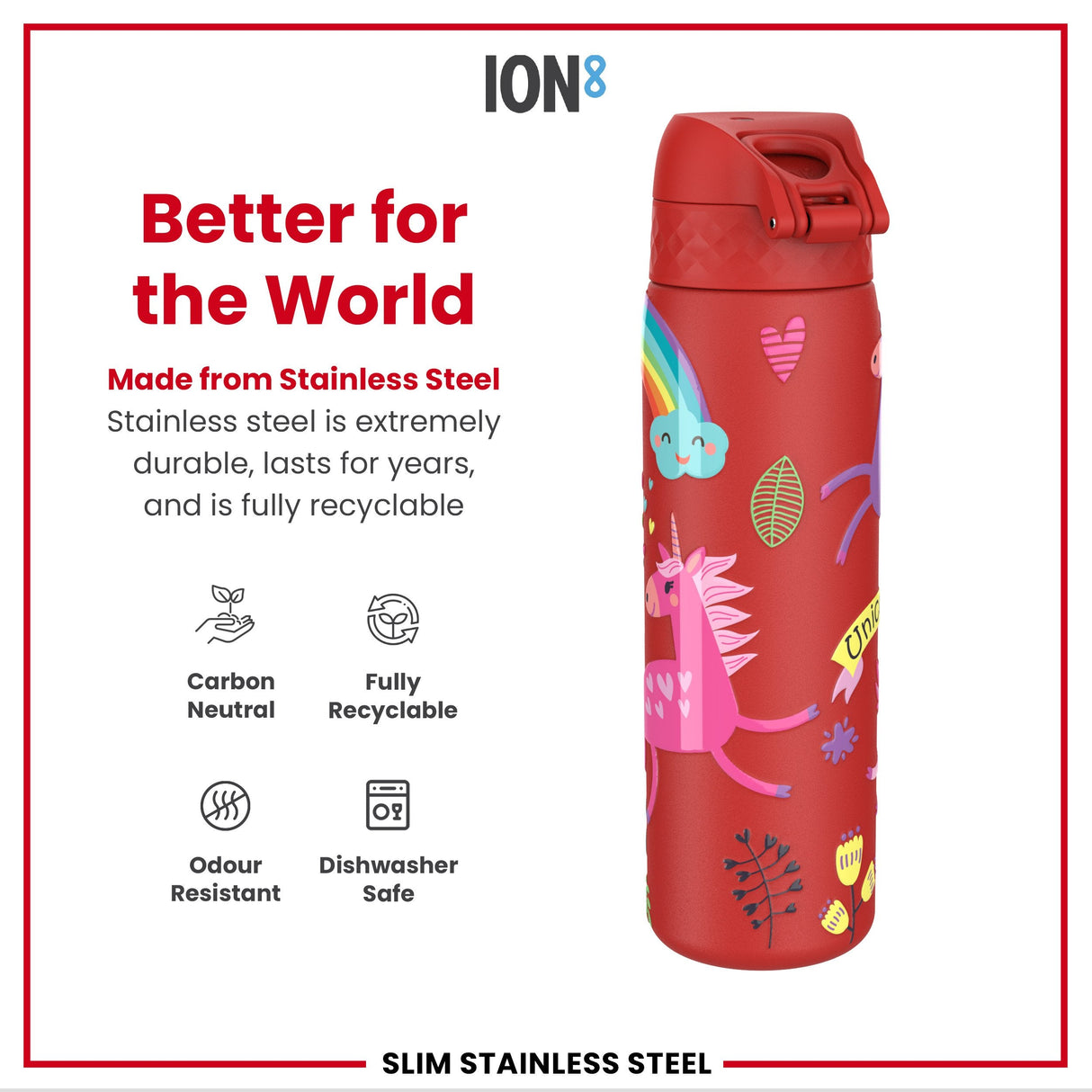 ION8 Leak Proof Slim Water Bottle, Stainless Steel, Red Unicorns, 600ml (20oz)