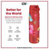 ION8 Leak Proof Slim Water Bottle, Stainless Steel, Red Unicorns, 600ml (20oz)