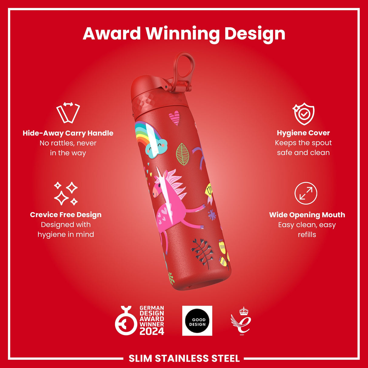 ION8 Leak Proof Slim Water Bottle, Stainless Steel, Red Unicorns, 600ml (20oz)