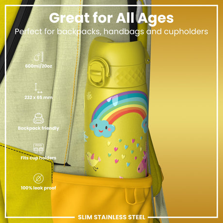 ION8 Leak Proof Slim Water Bottle, Stainless Steel, Yellow Unicorns, 600ml (20oz)