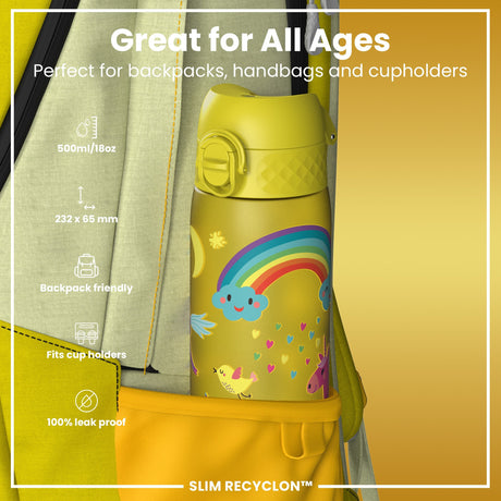 ION8 Leak Proof Slim Water Bottle, Recyclon, Yellow Unicorns, 500ml (18oz)