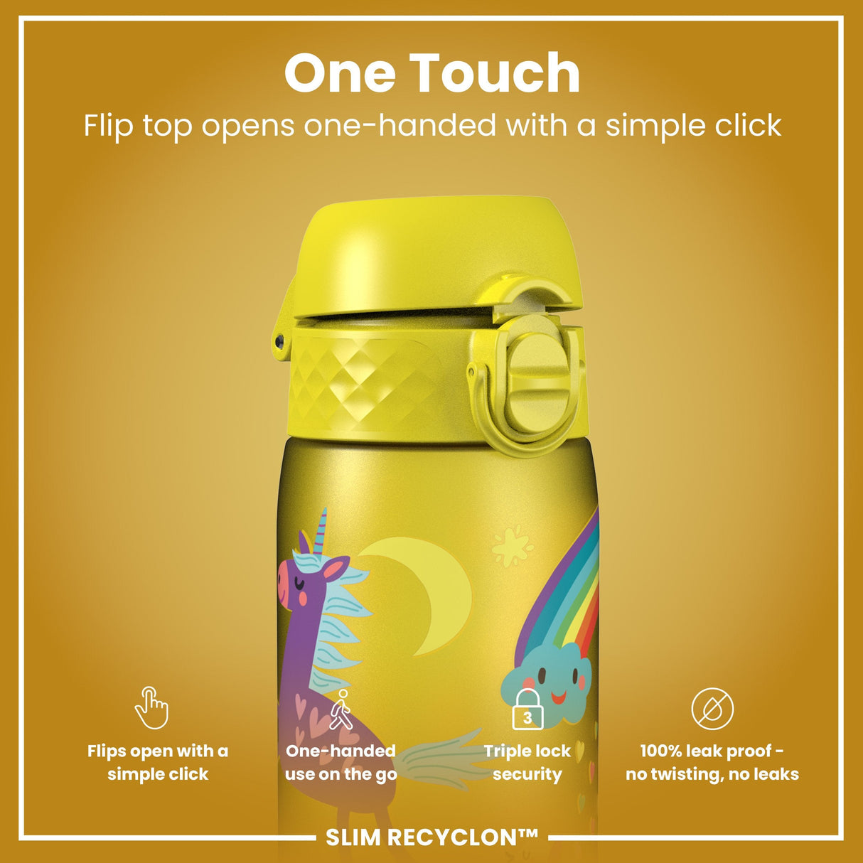 ION8 Leak Proof Slim Water Bottle, Recyclon, Yellow Unicorns, 500ml (18oz)