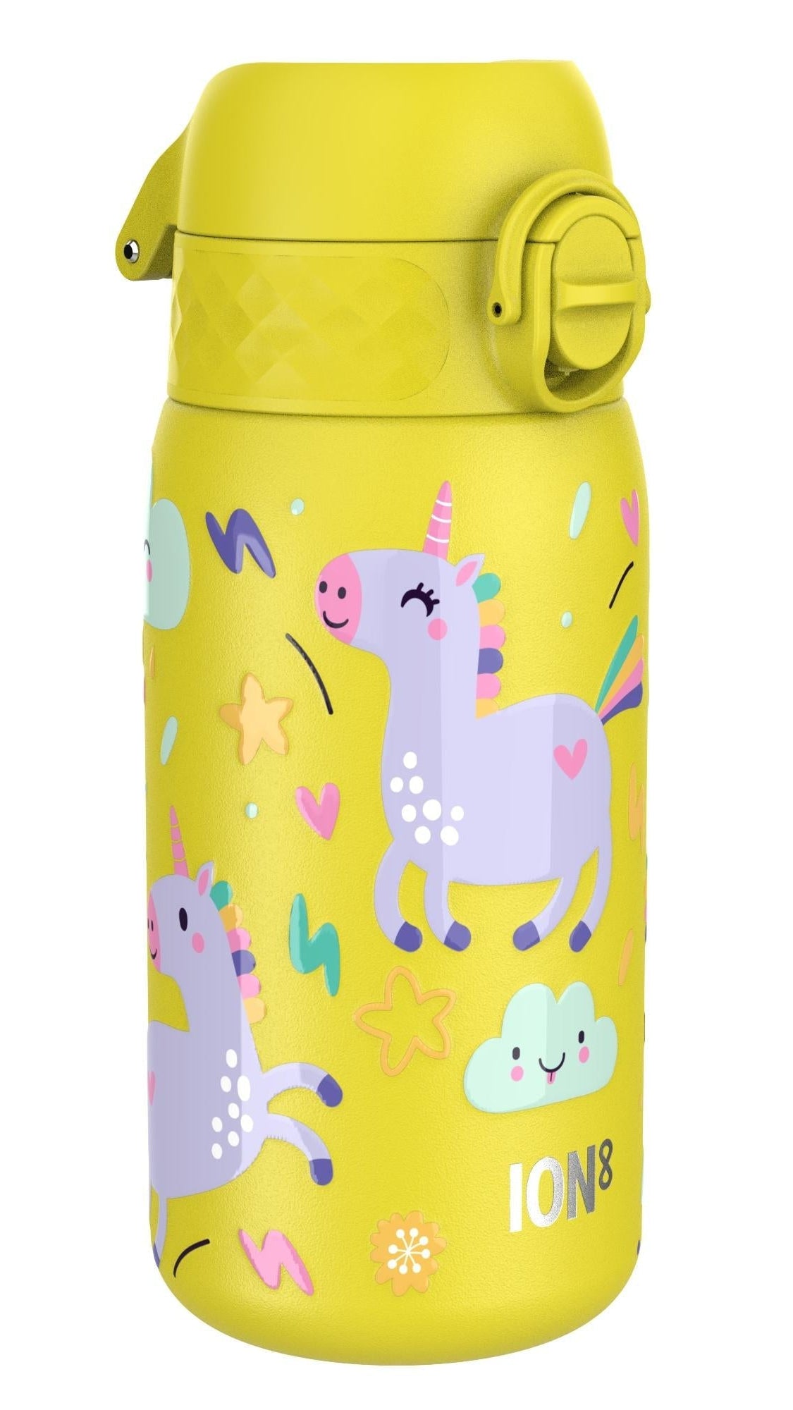 ION8 Leak Proof Kids Water Bottle, Stainless Steel, Yellow Unicorns, 400ml (13oz)