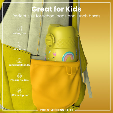 ION8 Leak Proof Kids Water Bottle, Stainless Steel, Yellow Unicorns, 400ml (13oz)