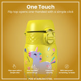 ION8 Leak Proof Kids Water Bottle, Stainless Steel, Yellow Unicorns, 400ml (13oz)