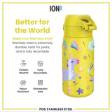 ION8 Leak Proof Kids Water Bottle, Stainless Steel, Yellow Unicorns, 400ml (13oz)