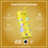 ION8 Leak Proof Kids Water Bottle, Stainless Steel, Yellow Unicorns, 400ml (13oz)