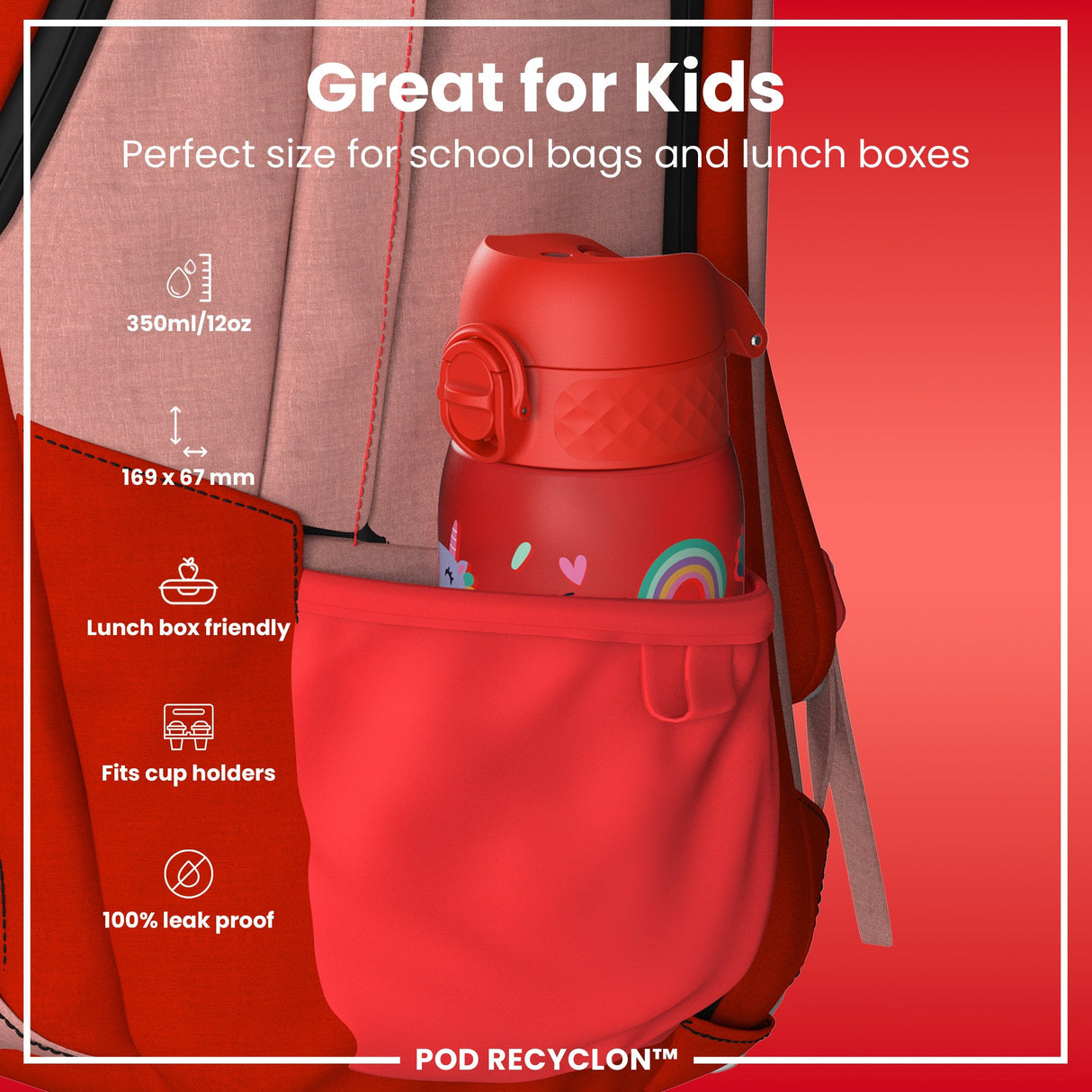 ION8 Leak Proof Kids Water Bottle, Recyclon, Red Unicorns, 350ml (12oz)