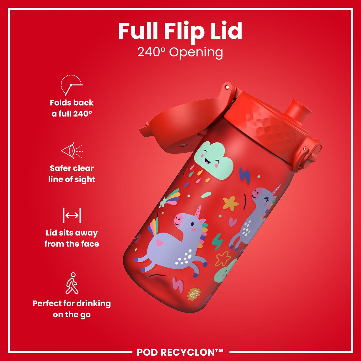 ION8 Leak Proof Kids Water Bottle, Recyclon, Red Unicorns, 350ml (12oz)