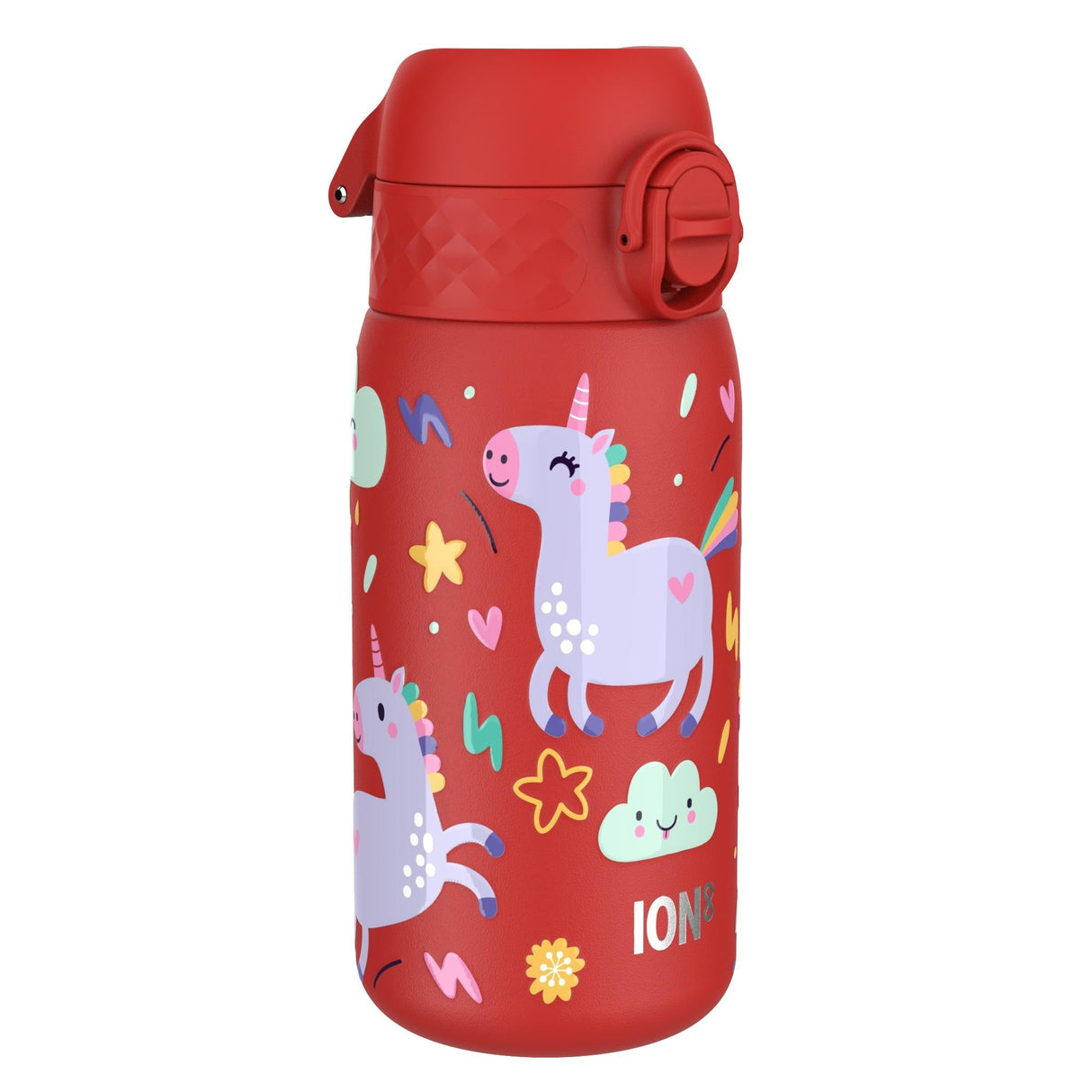 ION8 Leak Proof Kids Water Bottle, Stainless Steel, Red Unicorns, 400ml (13oz)