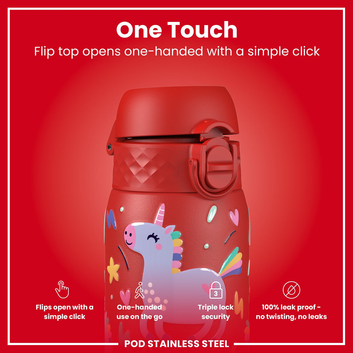 ION8 Leak Proof Kids Water Bottle, Stainless Steel, Red Unicorns, 400ml (13oz)