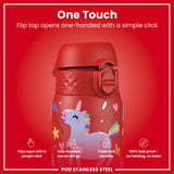 ION8 Leak Proof Kids Water Bottle, Stainless Steel, Red Unicorns, 400ml (13oz)