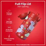 ION8 Leak Proof Kids Water Bottle, Stainless Steel, Red Unicorns, 400ml (13oz)