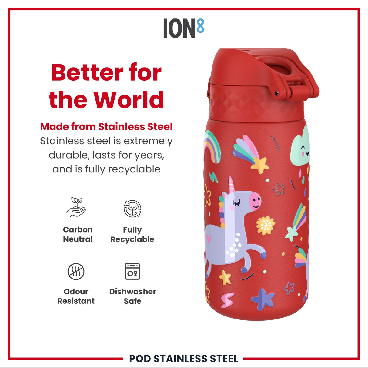 ION8 Leak Proof Kids Water Bottle, Stainless Steel, Red Unicorns, 400ml (13oz)