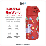 ION8 Leak Proof Kids Water Bottle, Stainless Steel, Red Unicorns, 400ml (13oz)