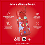 ION8 Leak Proof Kids Water Bottle, Stainless Steel, Red Unicorns, 400ml (13oz)