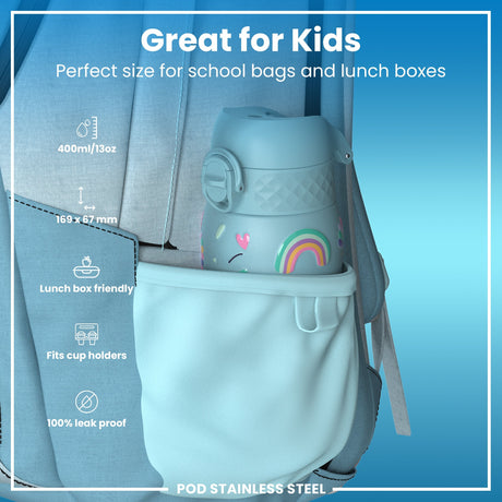 ION8 Leak Proof Kids Water Bottle, Stainless Steel, Blue Unicorns, 400ml (13oz)