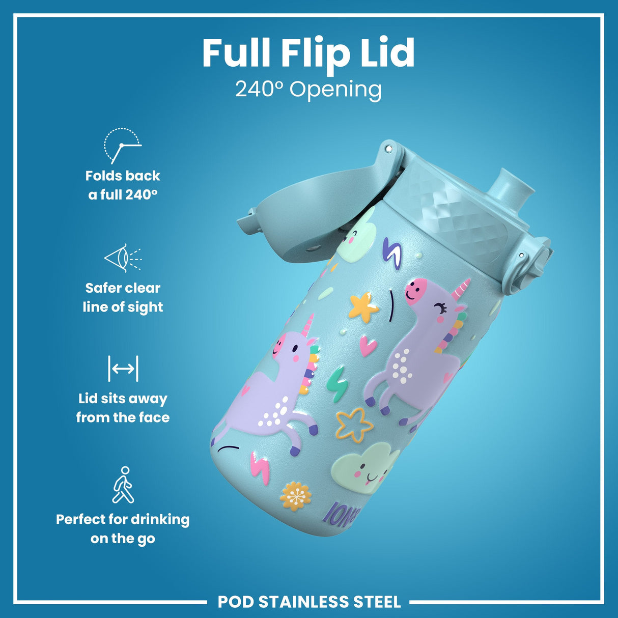 ION8 Leak Proof Kids Water Bottle, Stainless Steel, Blue Unicorns, 400ml (13oz)