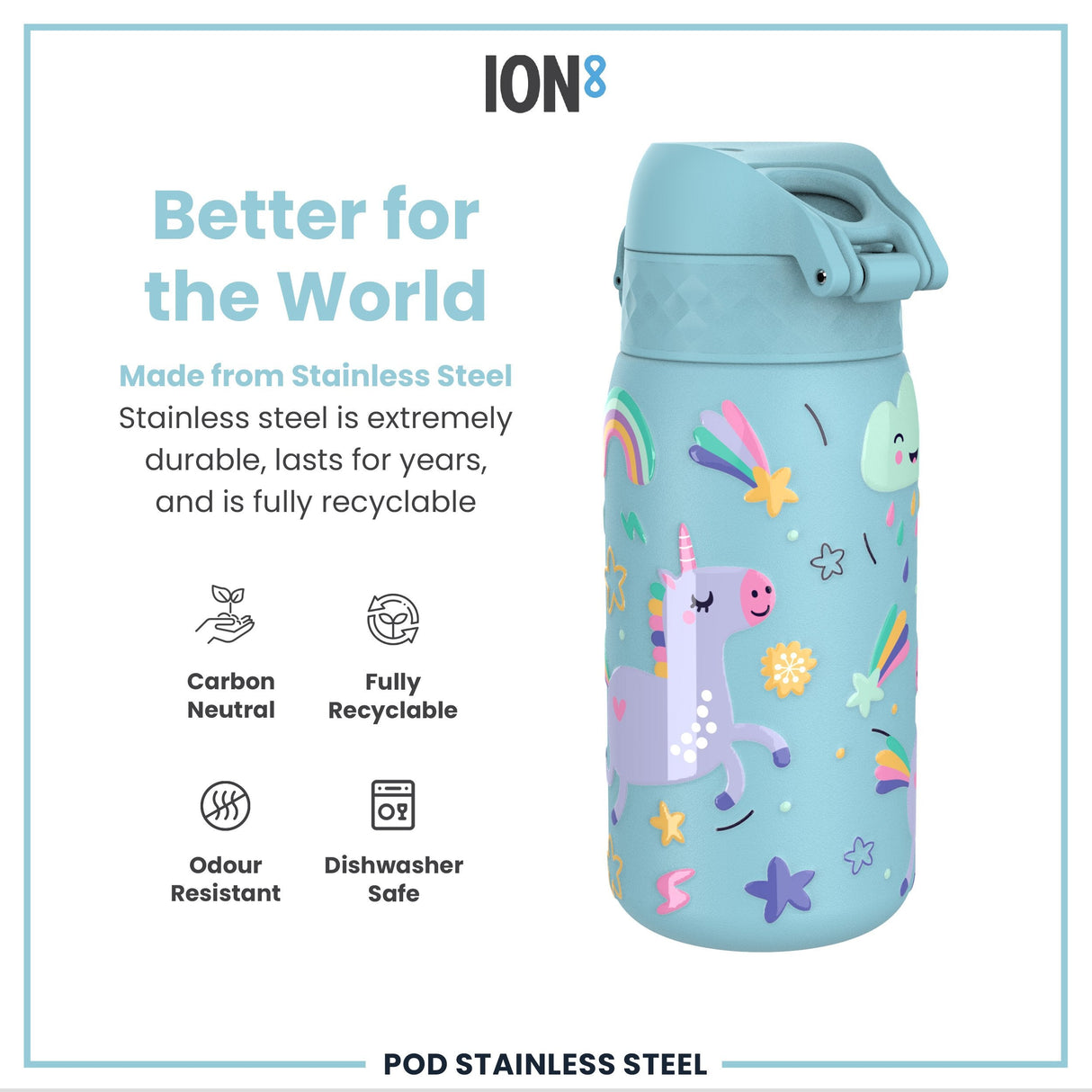 ION8 Leak Proof Kids Water Bottle, Stainless Steel, Blue Unicorns, 400ml (13oz)